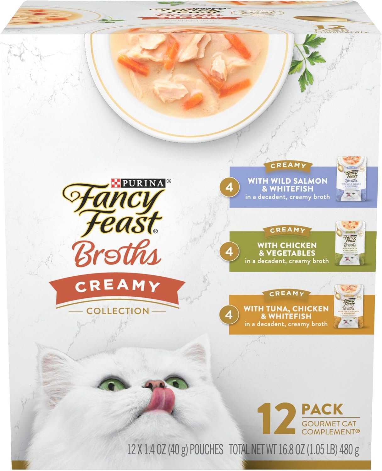Purina Fancy Feast Broths Creamy Wet Cat Food, 1.4 oz, 12 Pouches | Variety Pack with lickable broth topper. Contain no by-products, artificial flavors, colors or preservatives