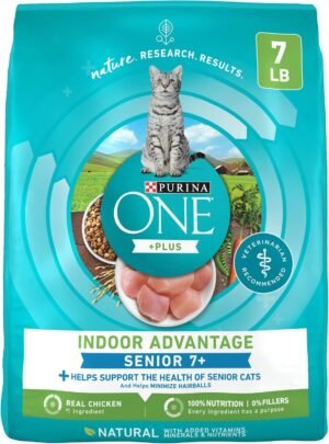 Purina ONE Indoor Advantage Senior Dry Cat Food, High Protein, 7 lb Bag | Made with real chicken and a natural fiber blend that helps minimize hairballs and supports immune health for senior cats