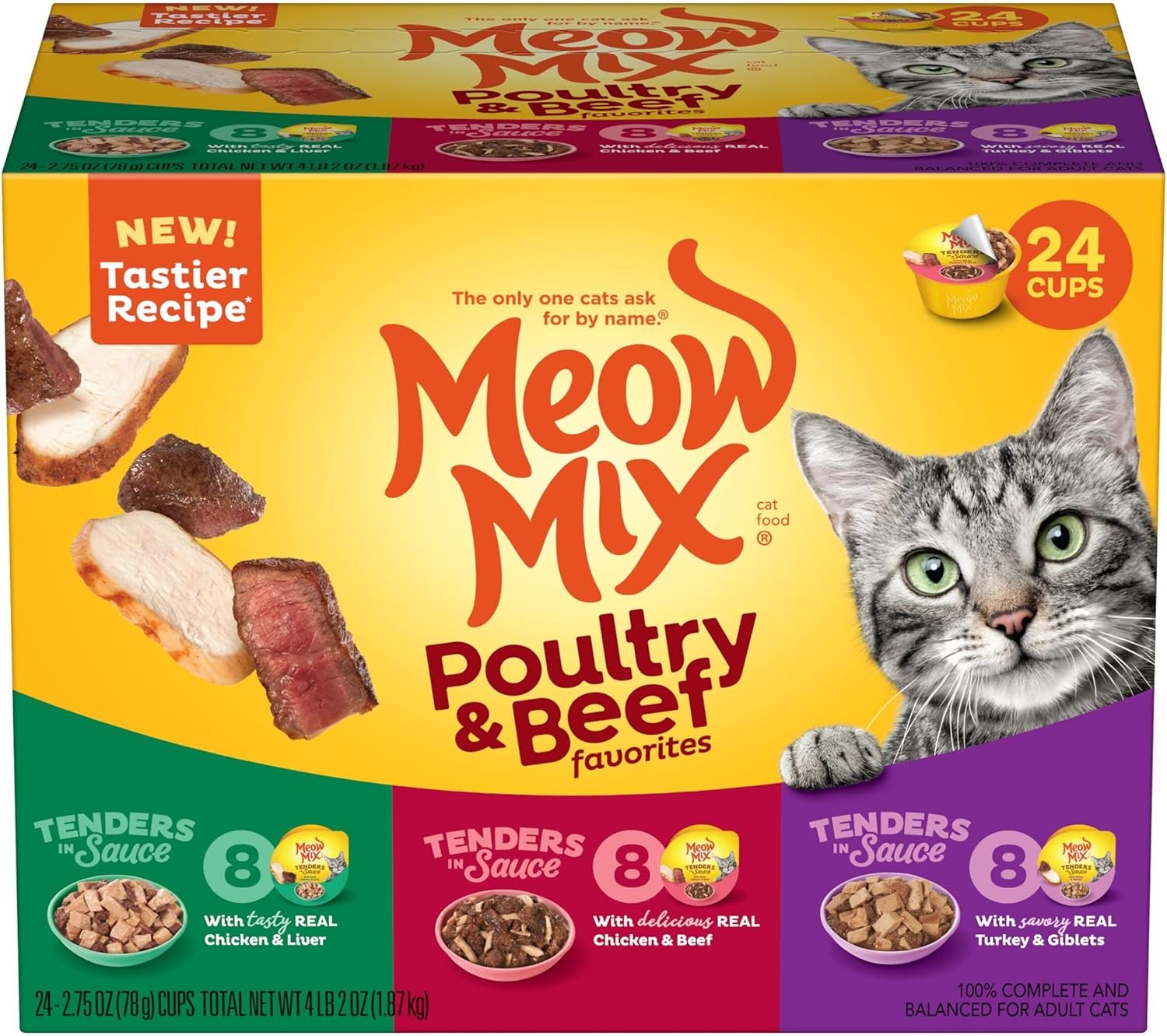 Meow Mix Poultry & Beef Favorites, Wet Food Variety Pack, 24 Cups