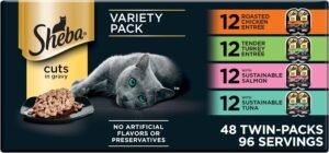 Sheba Perfect Portions Cuts Wet Cat Food, Variety Pack, 2.6 oz, 48 ct | Cuts in gravy, chicken/turkey/salmon/tuna, snap-peel-serve twin packs trays, no corn/soy, 96 servings, no artificial flavors