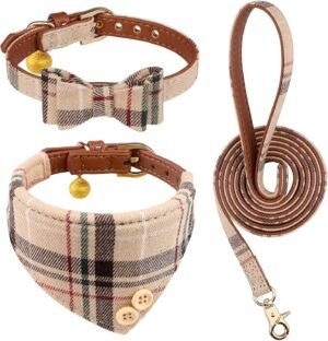 3 PCS Dog Collars for Small Puppy Collar and Leash Set, Bow Tie with Bell, Bandana Leather for Small Dogs Puppies and Cats(Beige)