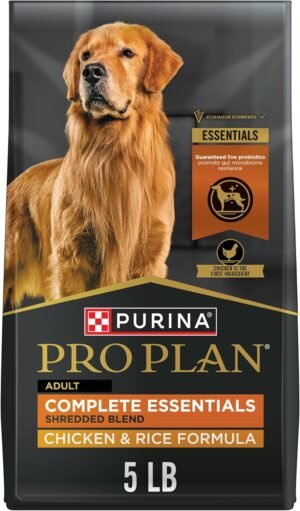 Purina Pro Plan Complete Essentials Shredded Blend Chicken and Rice Dog Food Dry Formula with Probiotics for Dogs - 5 lb. | Shredded Blend crunchy kibble with tender pieces, real chicken as the first ingredient, live probiotics for digestive health