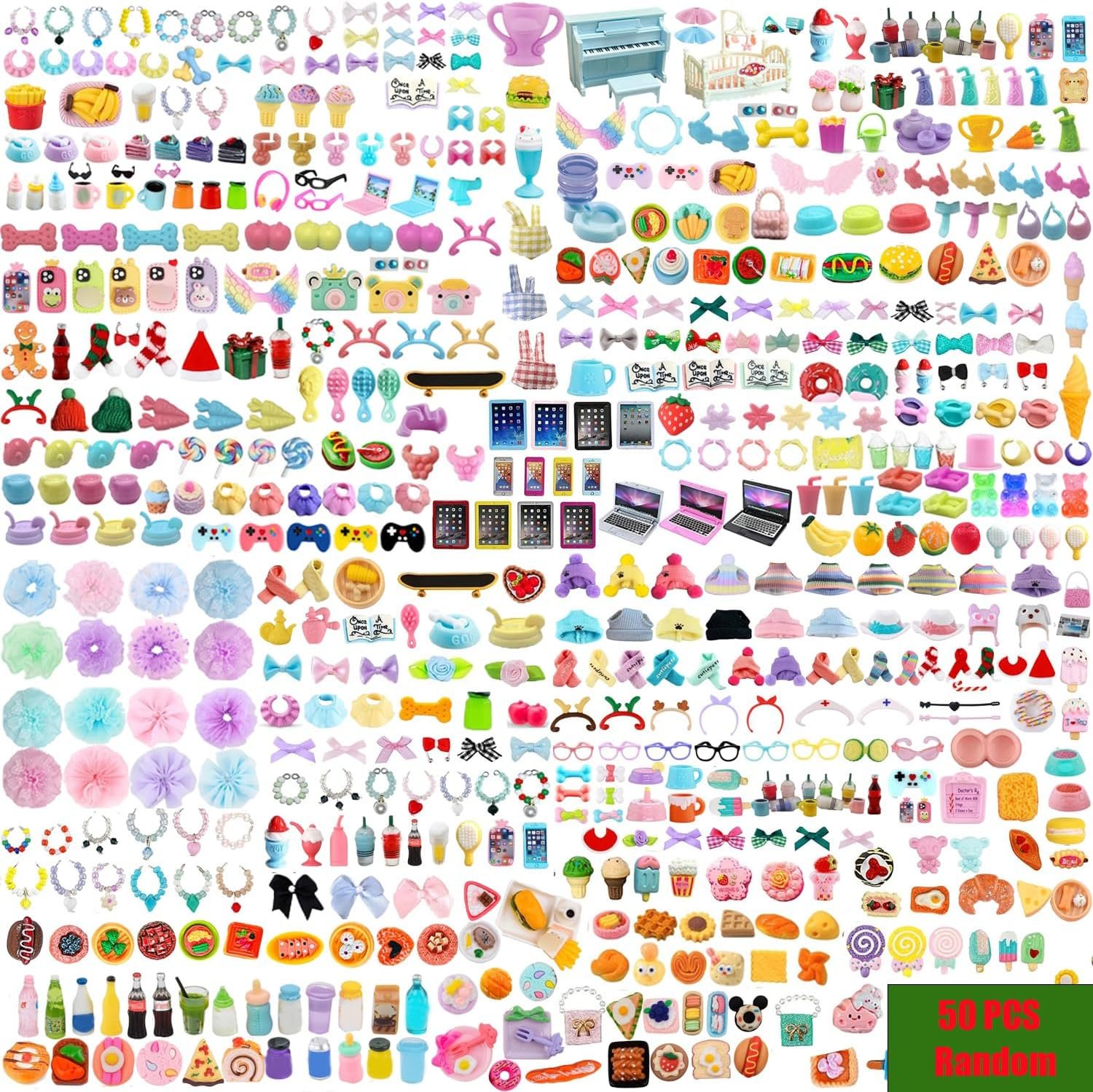 50pcs Random Cute Accessories for Dogs and Cats,Necklace Collar Clothes Glasses Hat Laptop Bow Food and Drink Fit for Shorthair Cat Collie Dachshund Cocker Spaniel Great Dane Deer Pet Figure