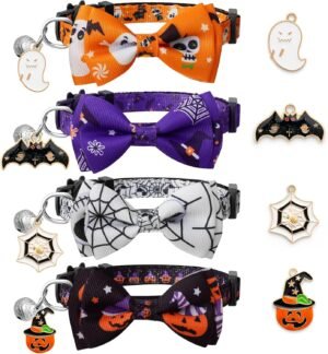 LLHK 4 Pack Halloween Cat Collar with Bow Tie and Bell,Breakaway Kitten Collar for Girl Boy Cats,Adjustable 7-12inch,for Kitty Kitten Adult Cats,Pet Supplies…