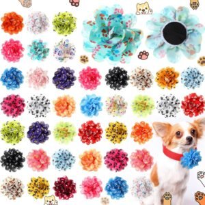 Huhumy 50 Pcs Paw Print Dog Collar Flowers Bulk, Cute Footprints Leash Flowers Grooming Accessories for Pet Puppy Cat Collar Embellishment National Dog Day Party Costume Photo Props Accessories