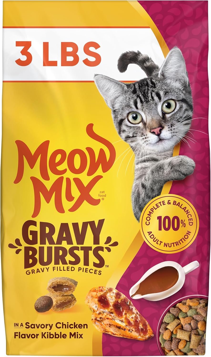 Meow Mix Gravy Bursts Dry Cat Food, 3 lb Bag | Crunchy cat kibble, gravy filled pieces, 100% complete & balanced nutrition for adult cats, high quality protein
