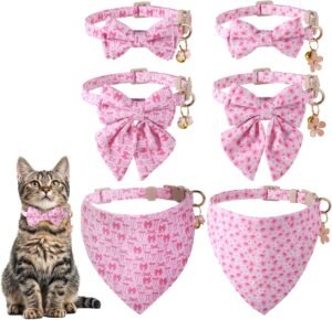 6PCS Pink Bow Pattern Cat Collar Set with Bandana and Bowtie, Breakaway Adjustable Cat Bow Tie Collars, Cute Bow Tie for Kittens Or Certain Puppies