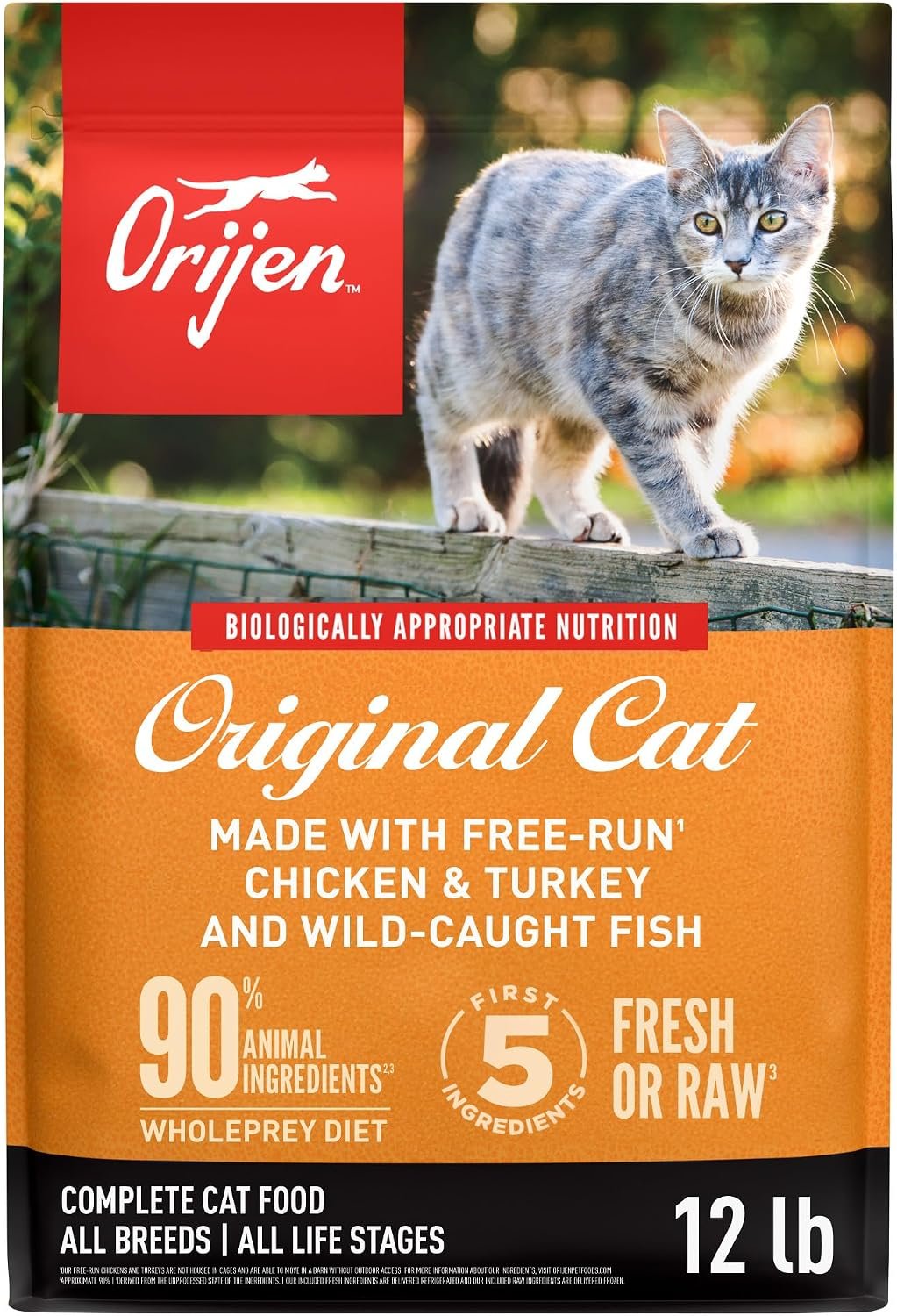 ORIJEN Grain Free WHOLEPREY Dry Cat Food Original Recipe 12lb Bag | 90% Animal Ingredients, Freeze Dried, Fresh or Raw Ingredients, High Protein, Heart Health, Free-Run Poultry