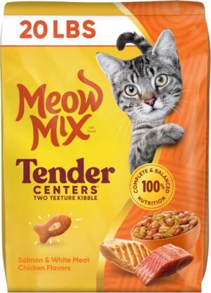 Meow Mix Tender Centers, Salmon & White Meat Chicken Flavors, 20 lb. Bag | Dry cat food with two texture kibble, meaty center surrounded by a crunchy outer layer, complete and balanced nutrition