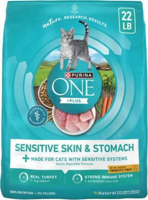 Purina ONE Sensitive Skin and Stomach Dry Cat Food 22 lb Bag | Real turkey is the first ingredient, easily digestible with prebiotic fiber, calcium and antioxidants for sensitive systems