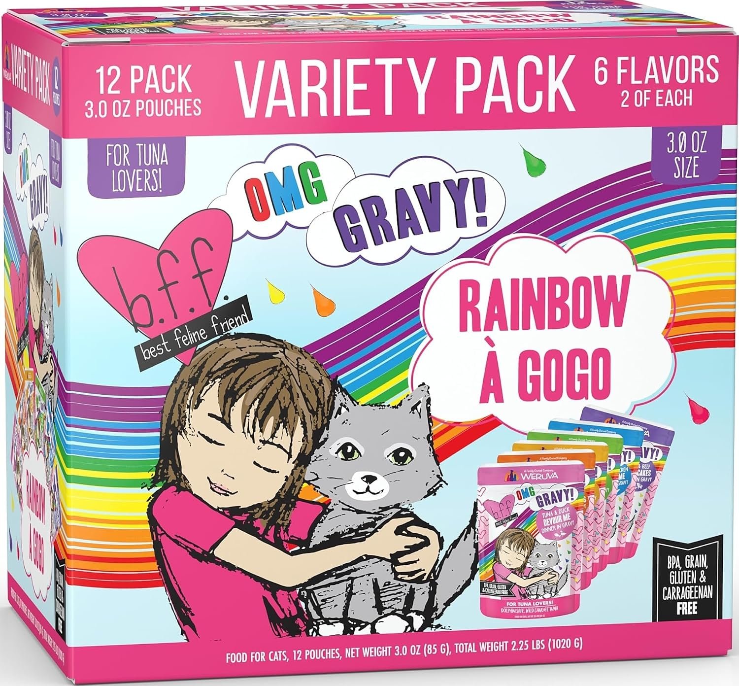 Weruva B.F.F. OMG - Best Feline Friend Oh My Gravy!, Rainbow A Gogo Variety Pack! Cat Food, 3oz Pouch (Pack of 12)