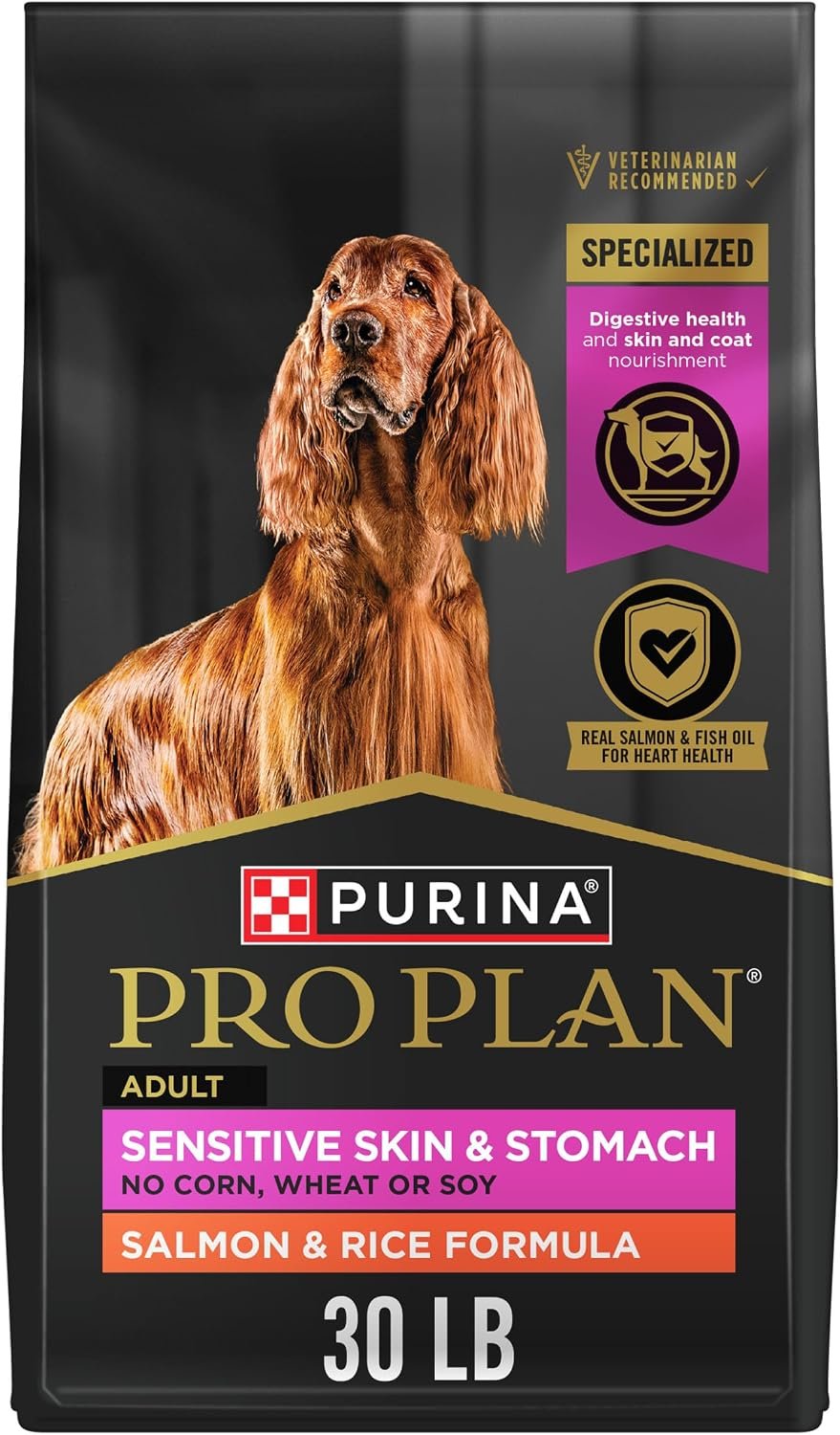 Purina Pro Plan Sensitive Skin & Stomach Dry Dog Food, Salmon, 30 lb Bag | Real Salmon & Rice Formula, with prebiotic fiber, easily digestible with omega-6 fatty acids for a healthy skin and coat