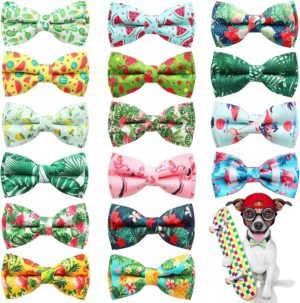 Xuniea 16 Pcs Dog Bow Ties Collar Attachment Slides Hawaiian Summer Bowtie for Cats and Dogs Cute Collar Charms Detachable with Elastic Bands for Pet Birthday Grooming Accessories