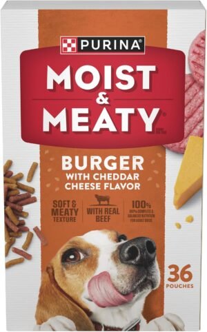 Purina Moist & Meaty Soft Dog Food Pouches, 36 ct | Burger With Cheddar Cheese Flavor adult dog food, made with real beef, individual pouches, no-mess meal or tasty treat
