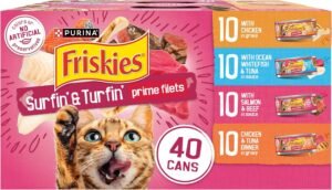 Purina Friskies Prime Filets Cat Food Variety Pack, 40 Pack 5.5 oz Cans | Surfin' and Turfin' wet cat food favorites in a savory gravy, made with real meat, poultry and seafood