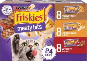 Friskies Purina Meaty Bits Cat Food Variety Pack, 24 Pack 5.5 oz Cans | High protein beef and poultry flavors in savory gravy, with taurine to support healthy vision